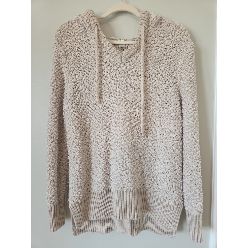 Green Tea Sweater Boucle Knit Long Sleeve Hooded Oatmeal Womens Size Medium